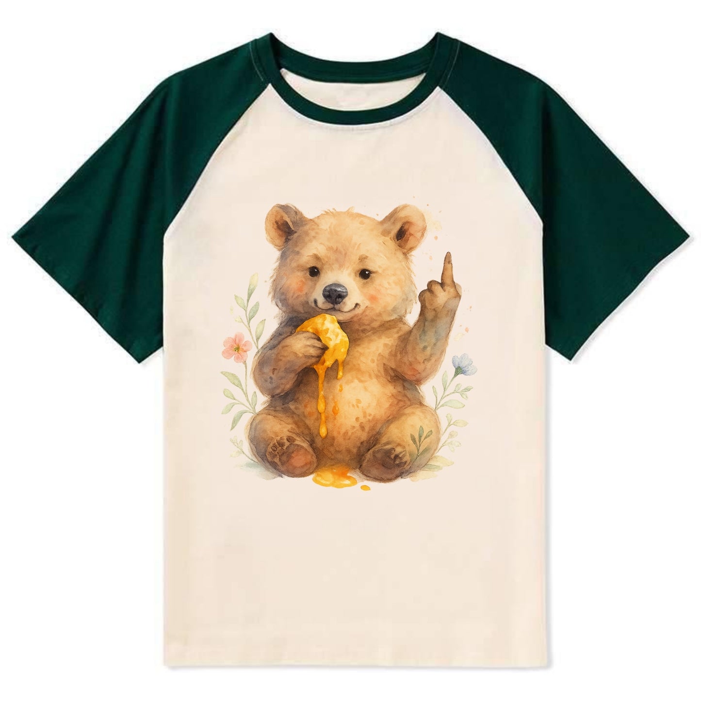 chubby bear cub eating dripping honey, sticky paw up with middle finger - Contrast Raglan T-shirt - Green