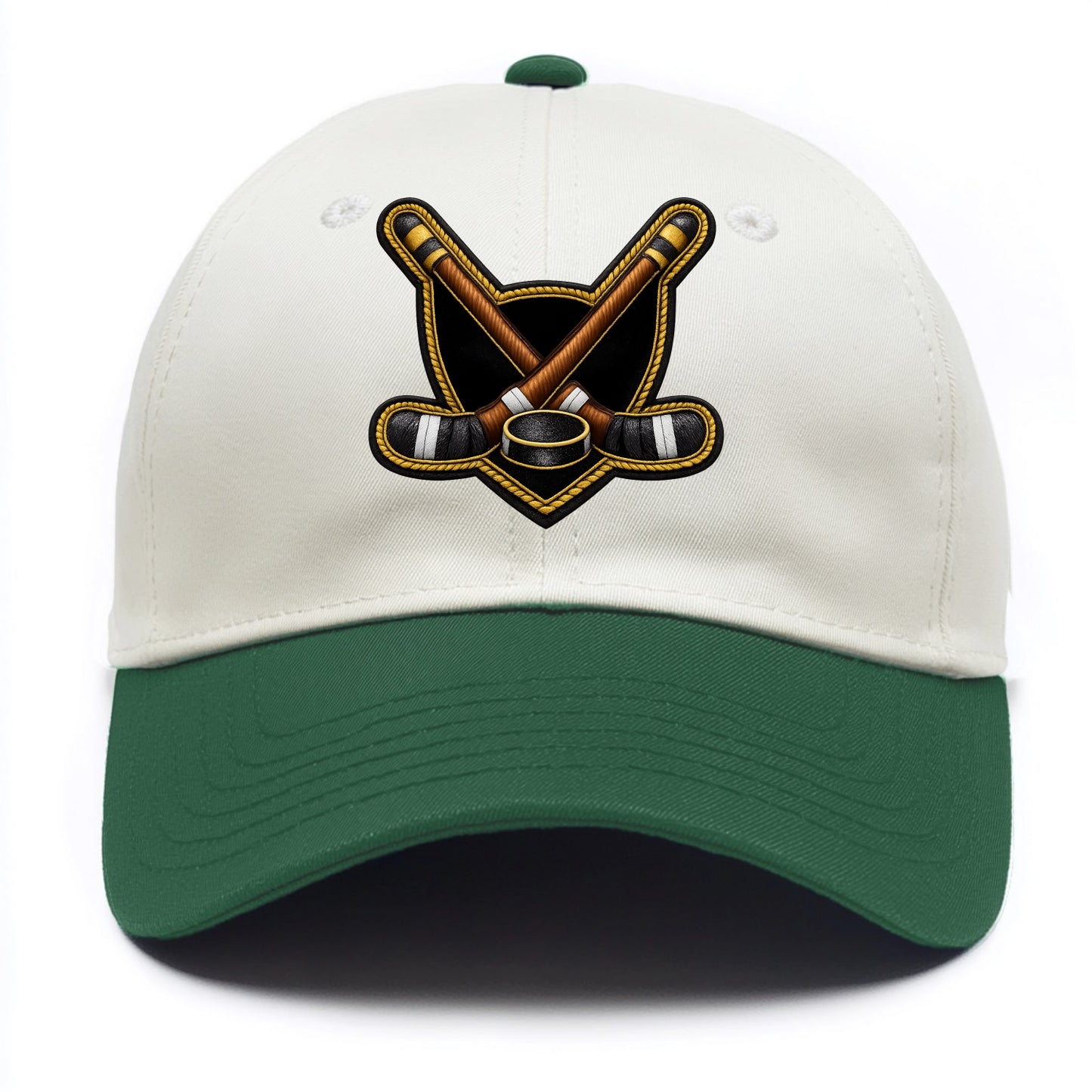 Embroidered patch design - HOCKEY CROSSED STICKS - ice hockey sticks with puck in - Two Tone Cap - Green