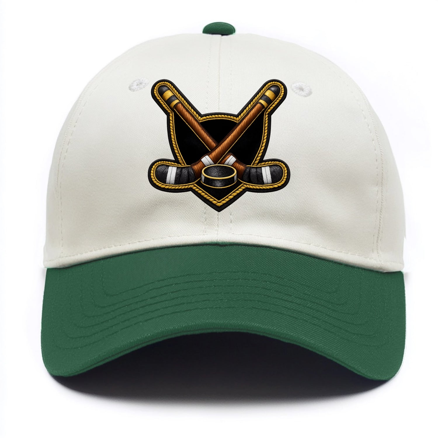Embroidered patch design - HOCKEY CROSSED STICKS - ice hockey sticks with puck in - Two Tone Cap - Green