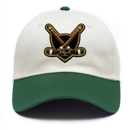 Embroidered patch design - HOCKEY CROSSED STICKS - ice hockey sticks with puck in - Two Tone Cap - Green