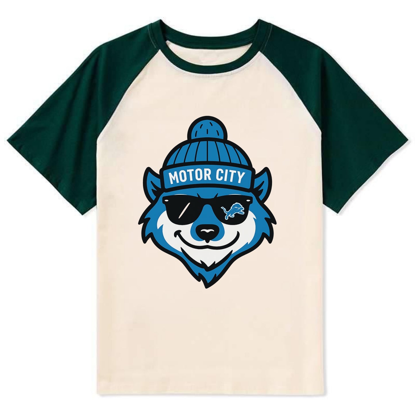 Motor City Wolverine wearing Lions beanie with gear patch and wayfarer - Contrast Raglan T-shirt - Green