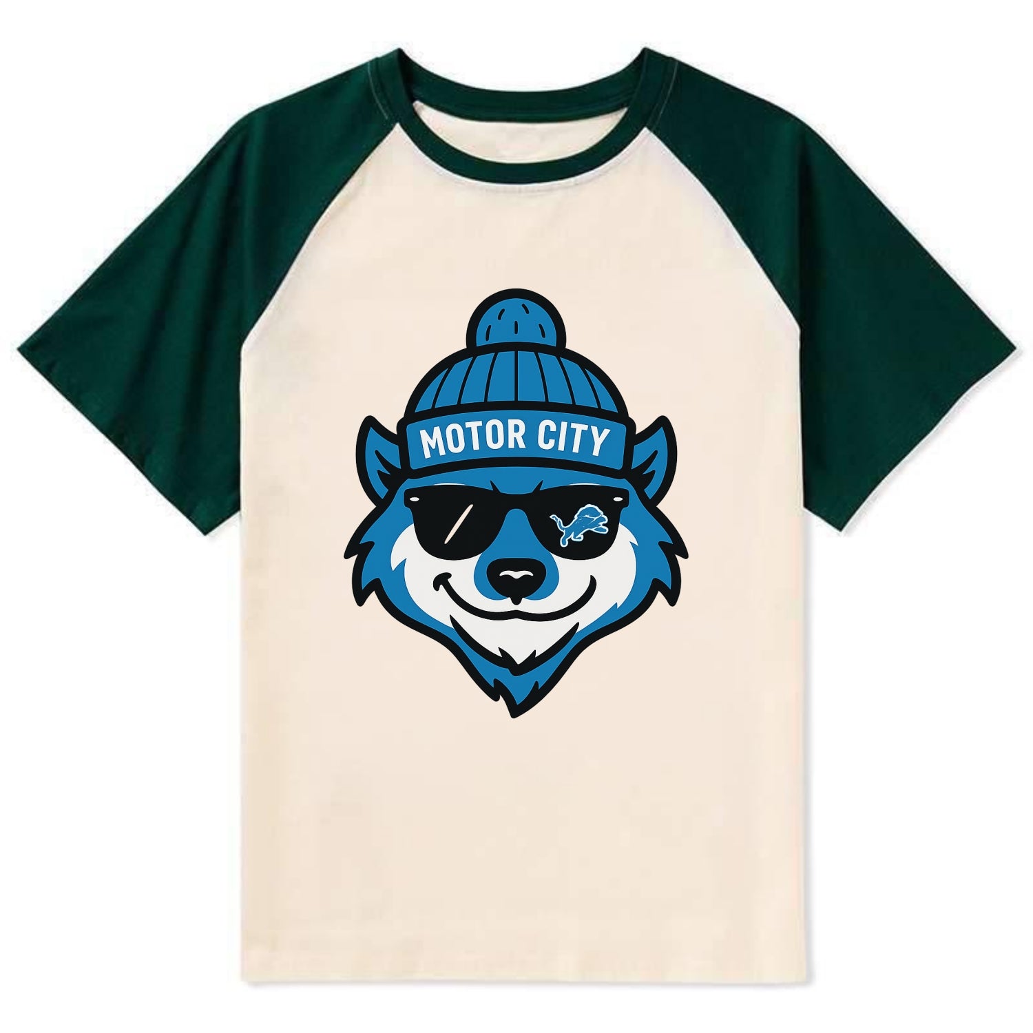 Motor City Wolverine wearing Lions beanie with gear patch and wayfarer - Contrast Raglan T-shirt - Green