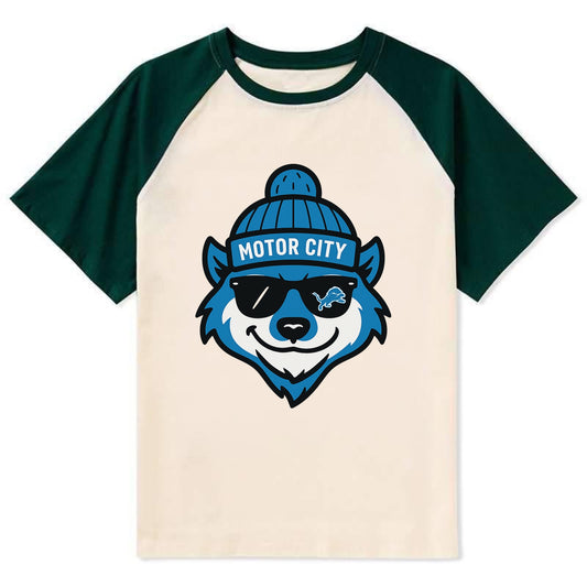 Motor City Wolverine wearing Lions beanie with gear patch and wayfarer - Contrast Raglan T-shirt - Green