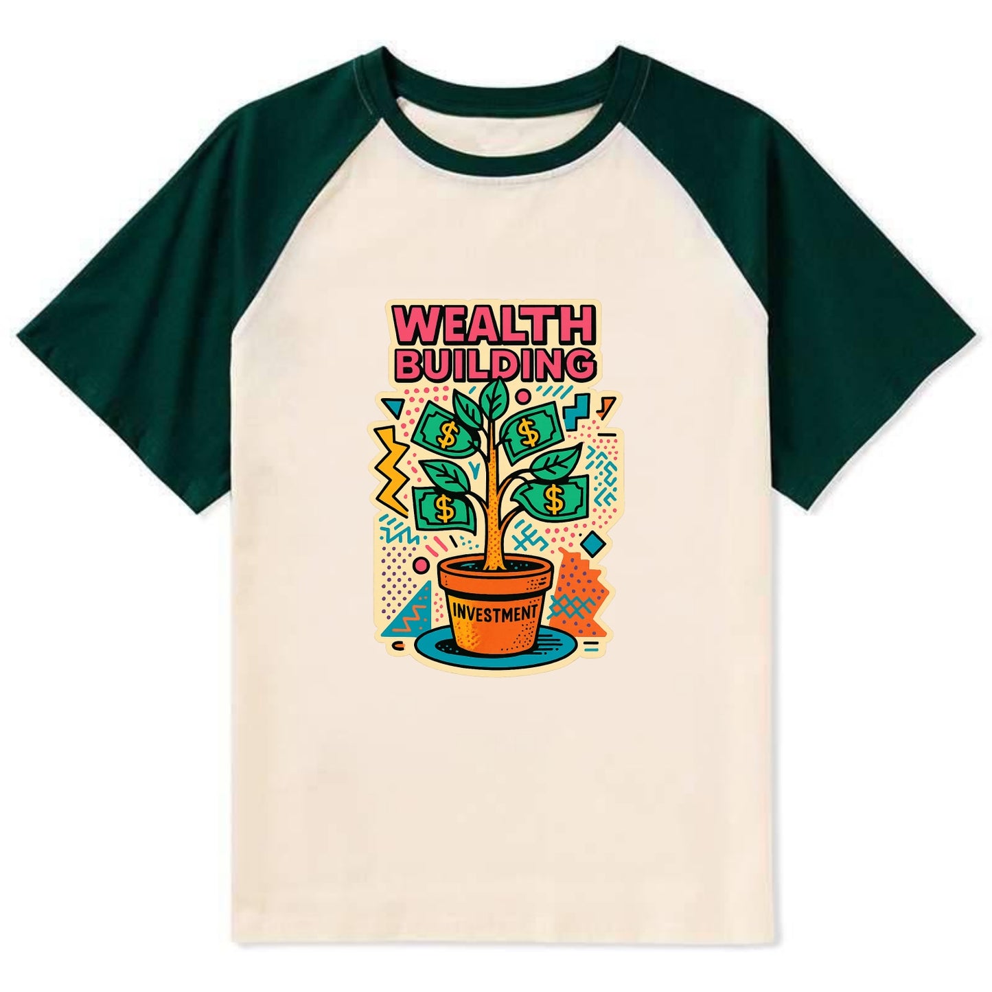 Money tree growing from investment pot - financial independence journey, - Contrast Raglan T-shirt - Green
