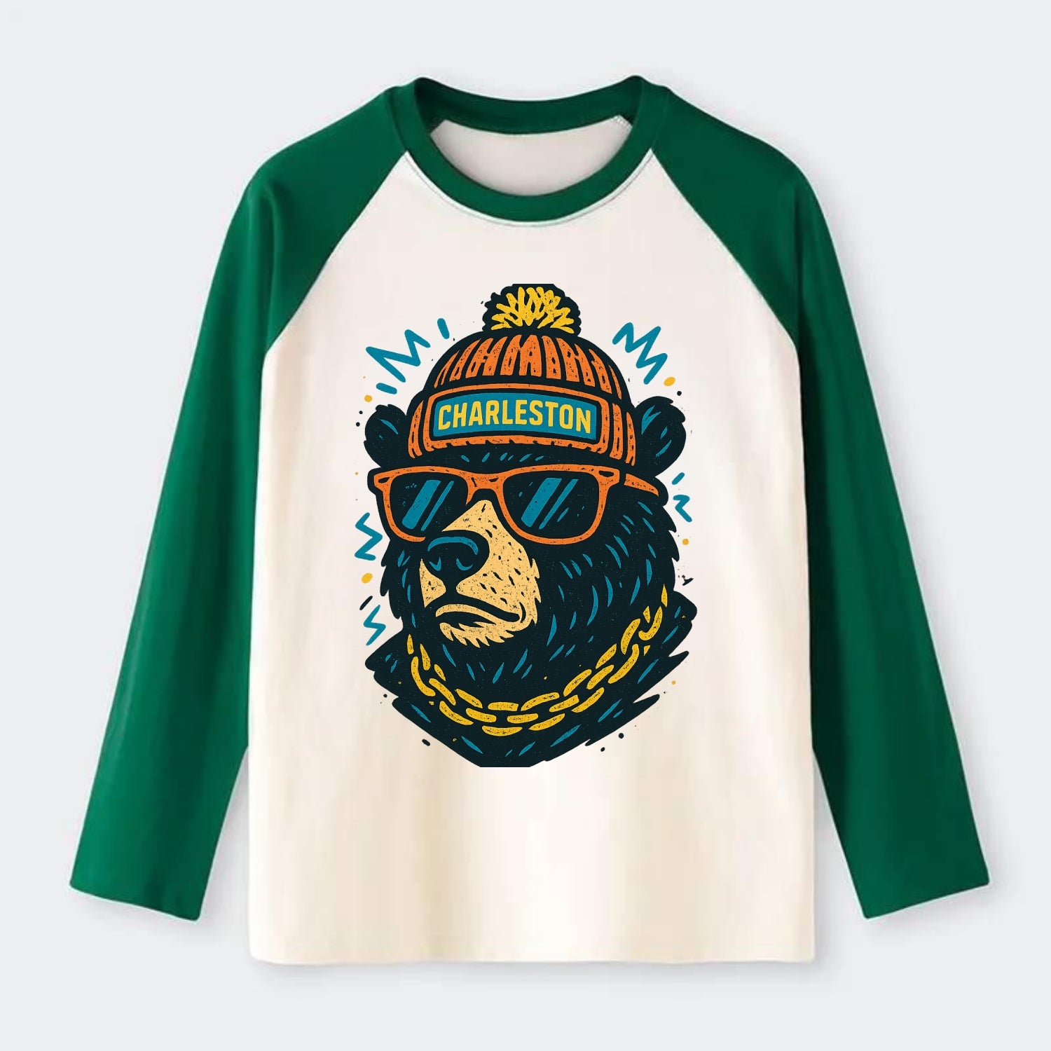 West Virginia Black Bear wearing Charleston beanie with pom pom and - Raglan Long Sleeve T-Shirt - Green