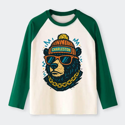 West Virginia Black Bear wearing Charleston beanie with pom pom and - Raglan Long Sleeve T-Shirt - Green