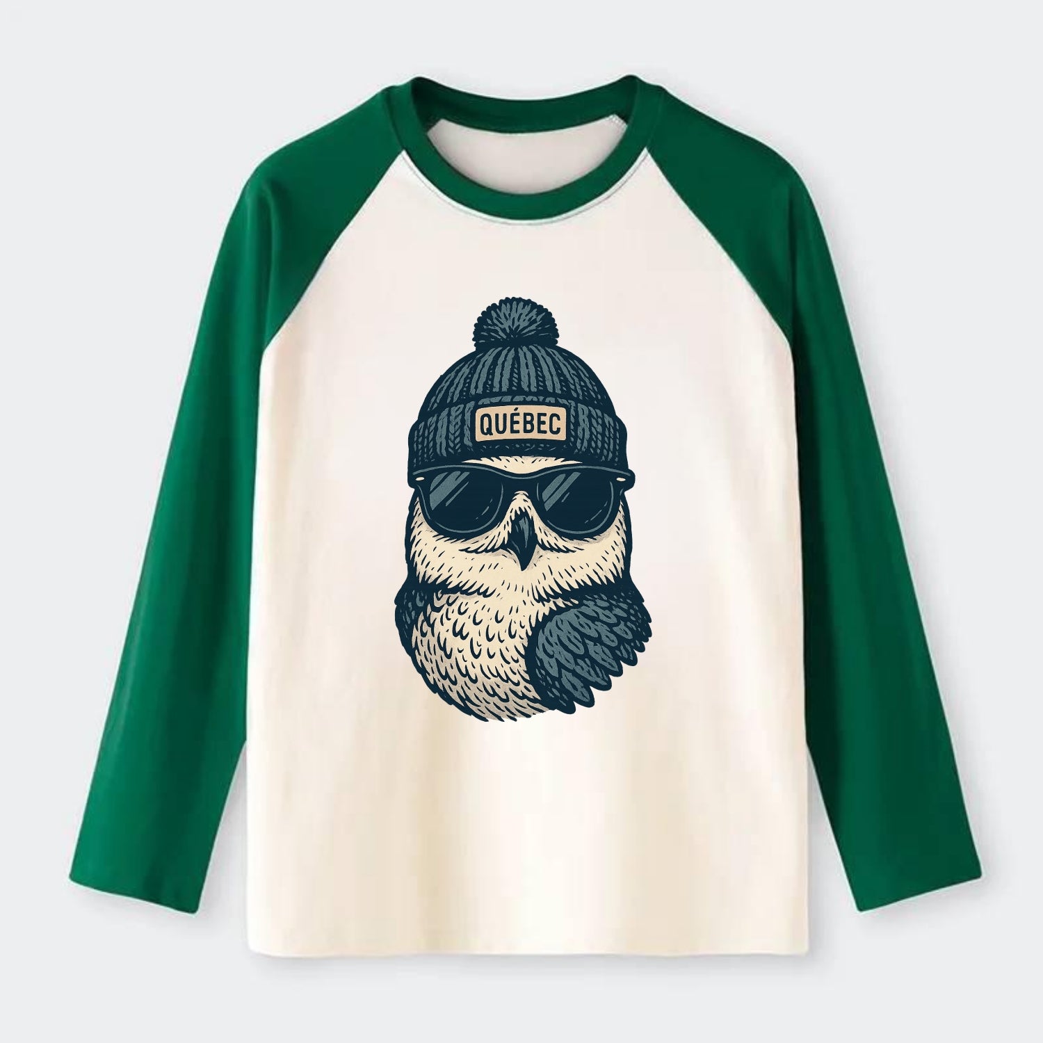 Quebec City Snowy Owl wearing Quebec bea - Raglan Long Sleeve T-Shirt - Green