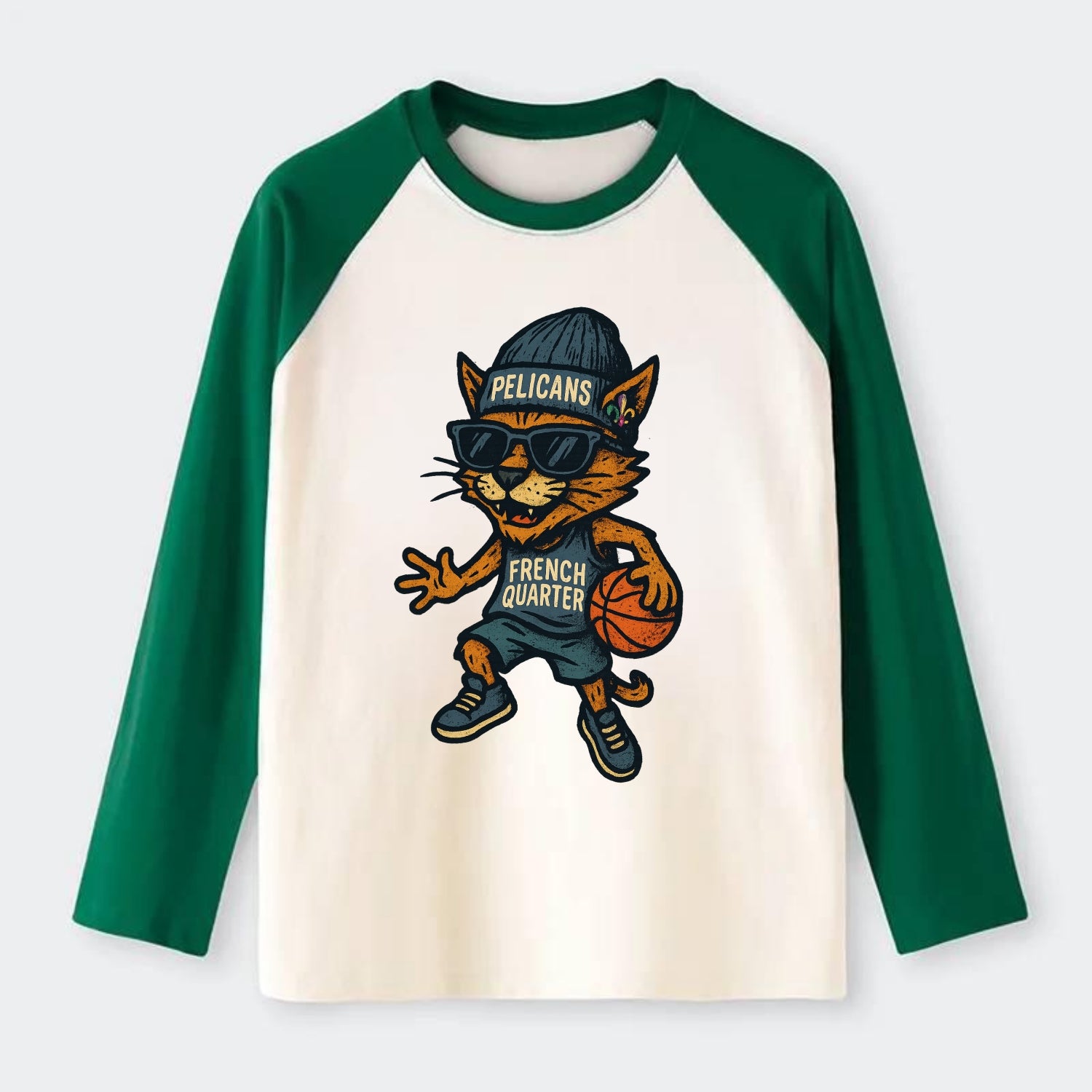 French Quarter Cat wearing Pelicans beanie with Mardi Gras patch and - Raglan Long Sleeve T-Shirt - Green