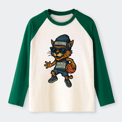 French Quarter Cat wearing Pelicans beanie with Mardi Gras patch and - Raglan Long Sleeve T-Shirt - Green