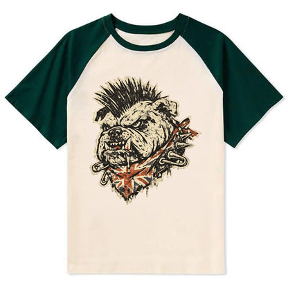 PUNK BULLDOG | British bulldog with mohawk | Safety pins through collar | - Contrast Raglan T-shirt - Green