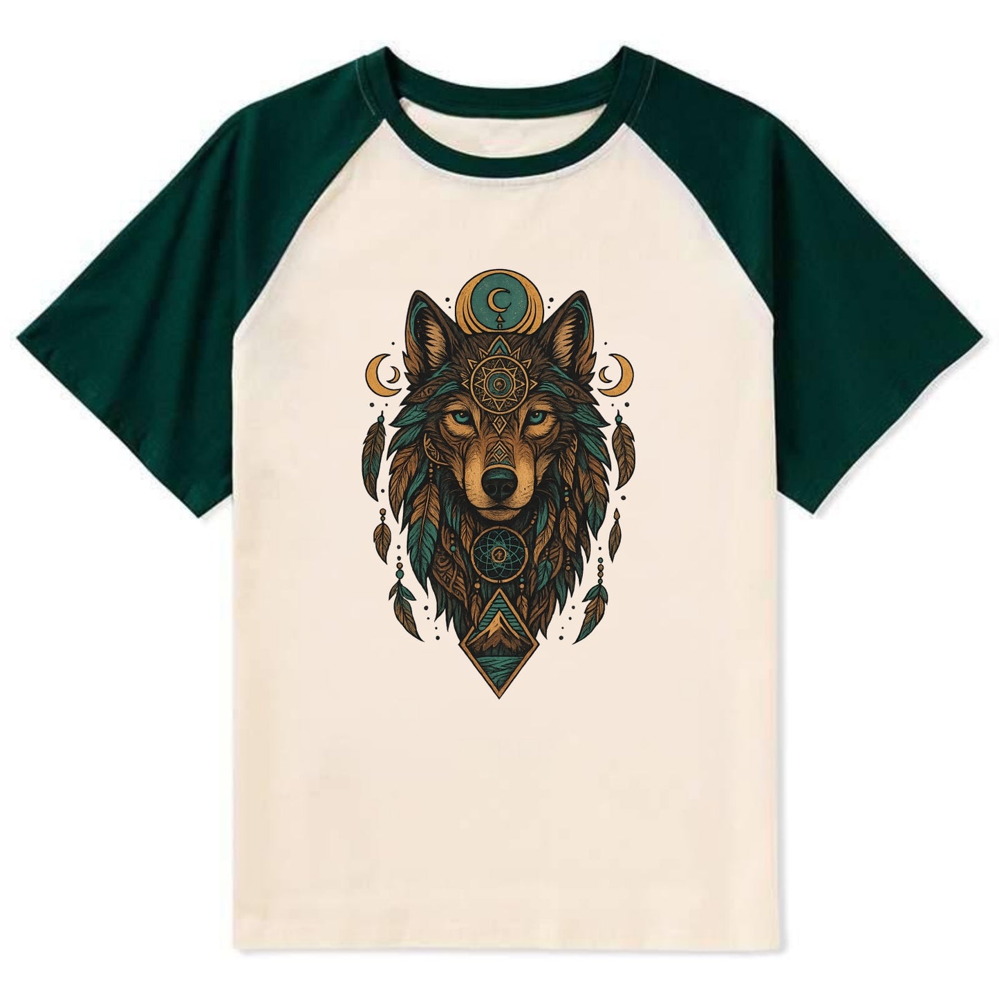 Retro 80s Wolf  - Contrast Raglan T-shirt - Green