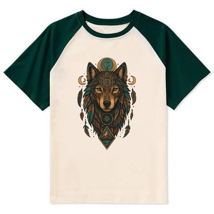 Retro 80s Wolf  - Contrast Raglan T-shirt - Green