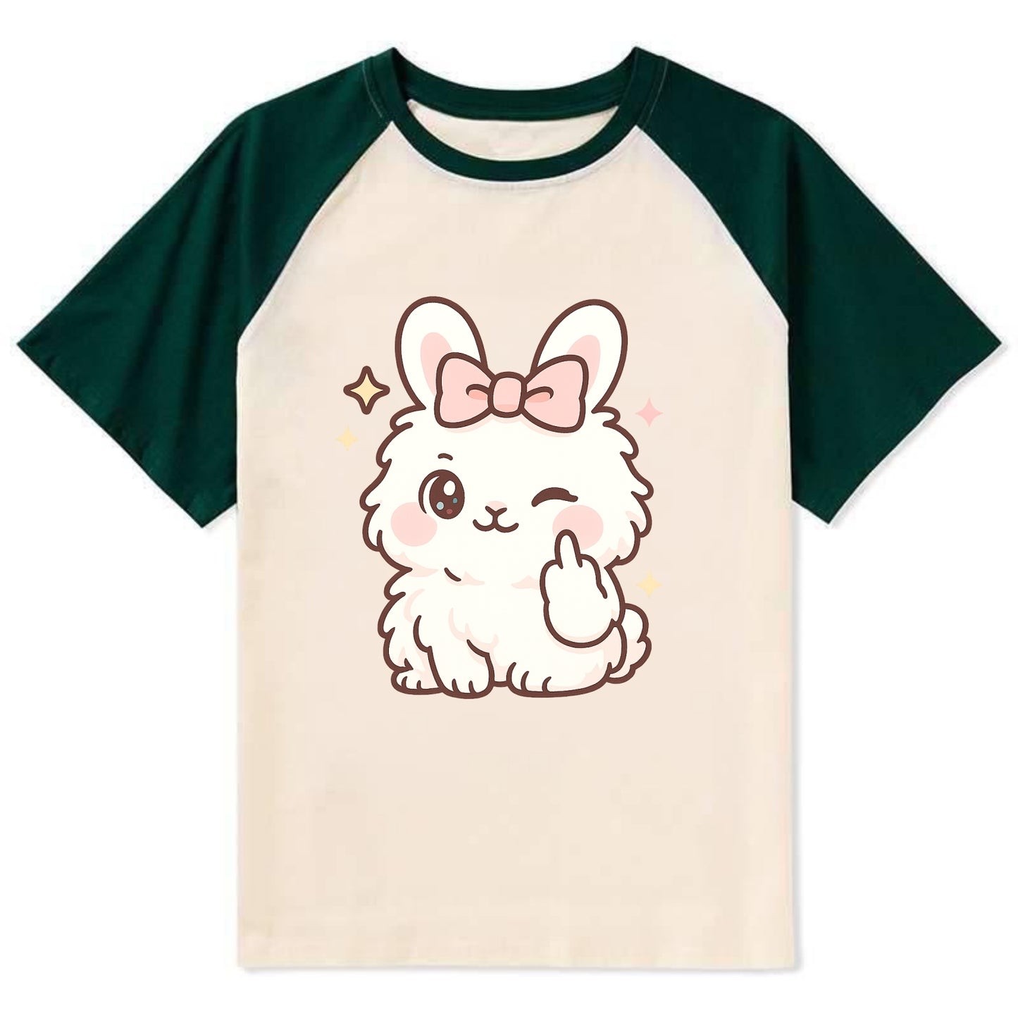 fluffy white angora rabbit with pink bow, one paw delicately flipping off - Contrast Raglan T-shirt - Green