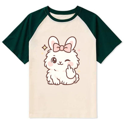 fluffy white angora rabbit with pink bow, one paw delicately flipping off - Contrast Raglan T-shirt - Green
