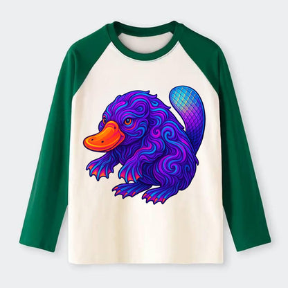 Quirky platypus with bill glowing in neon orange, beaver tail with - Raglan Long Sleeve T-Shirt - Green