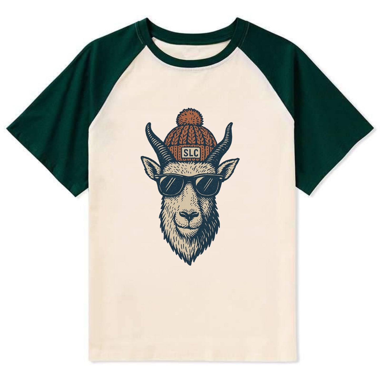 Salt Lake City Mountain Goat wearing SLC beanie with pom pom and wayfarer - Contrast Raglan T-shirt - Green
