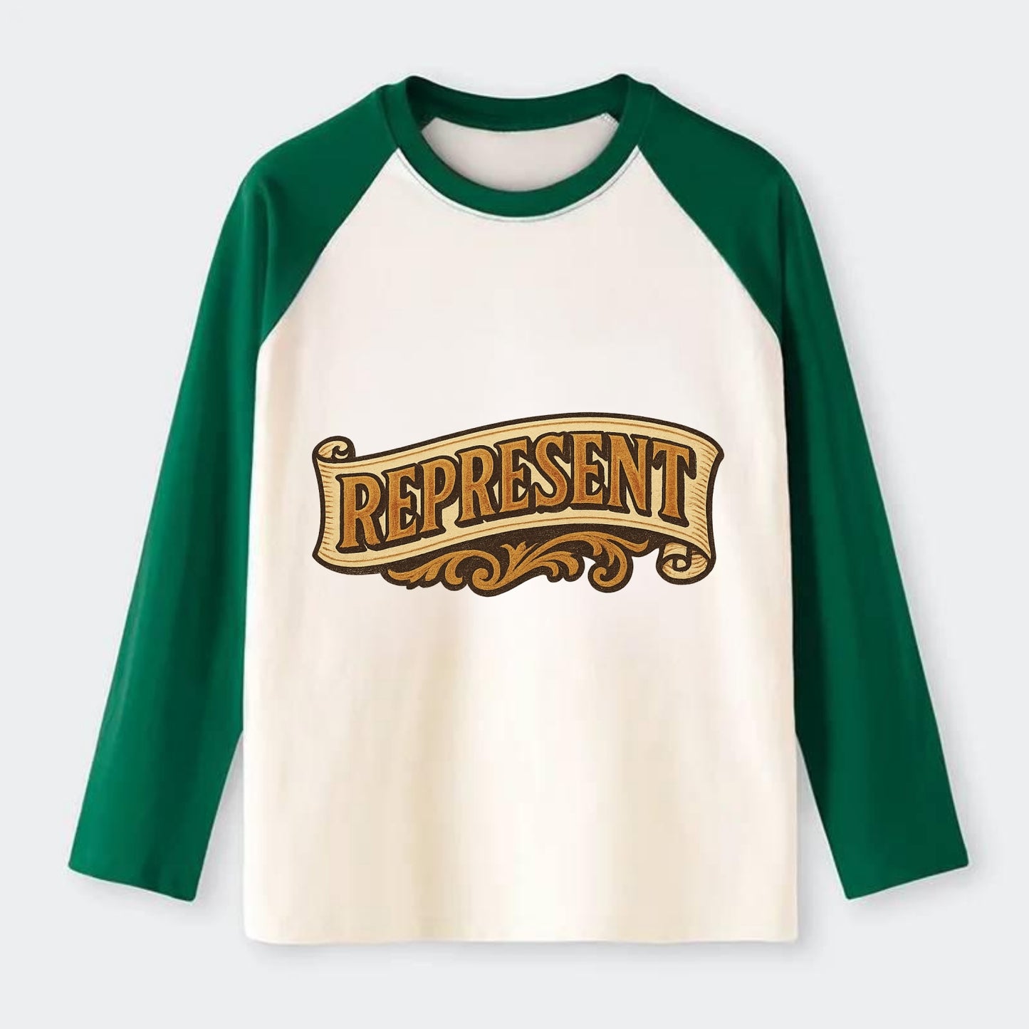 Bold typography design - "REPRESENT" - showing where you from - Raglan Long Sleeve T-Shirt - Green