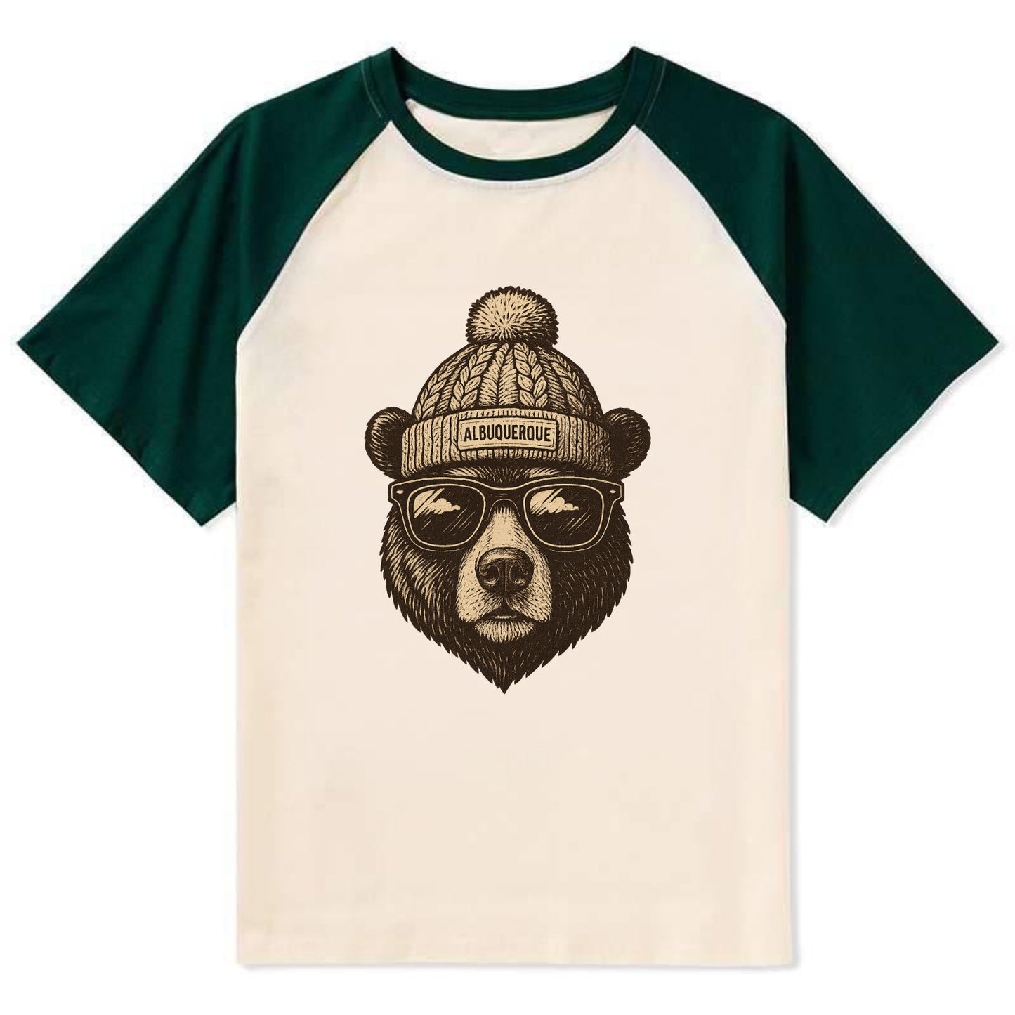 New Mexico Black Bear wearing Albuquerque beanie with pom pom and - Contrast Raglan T-shirt - Green