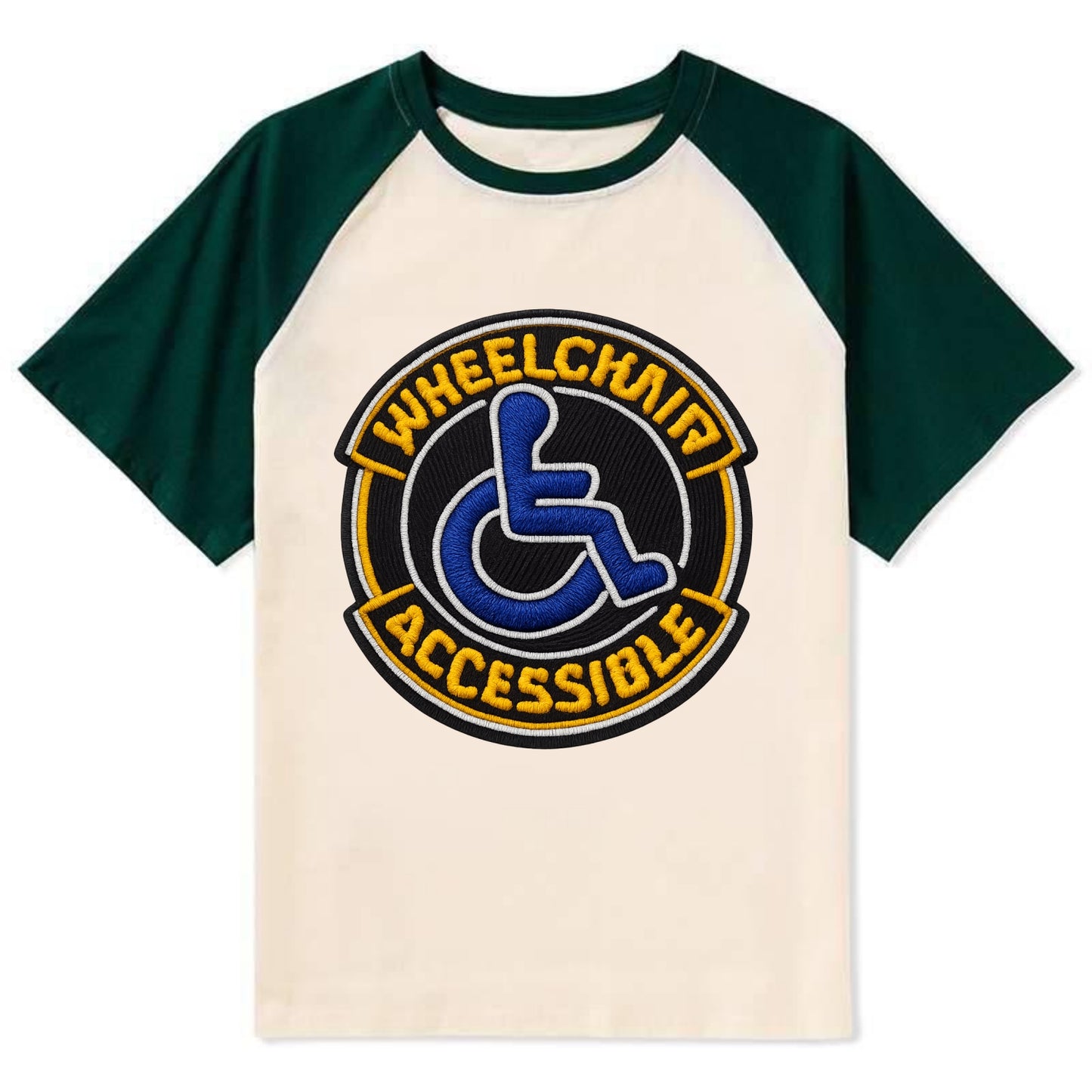 WHEELCHAIR ACCESSIBLE - accessibility symbol in blue , inclusion - Contrast Raglan T-shirt - Green