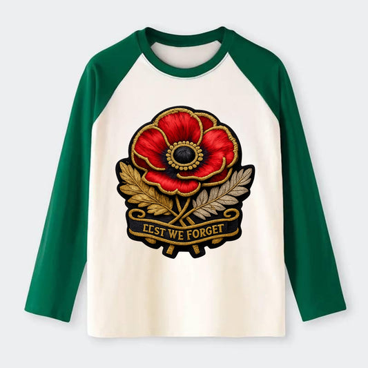 MEMORIAL POPPY - red poppy flower in scarlet , remembrance - Raglan Long Sleeve T-Shirt - Green