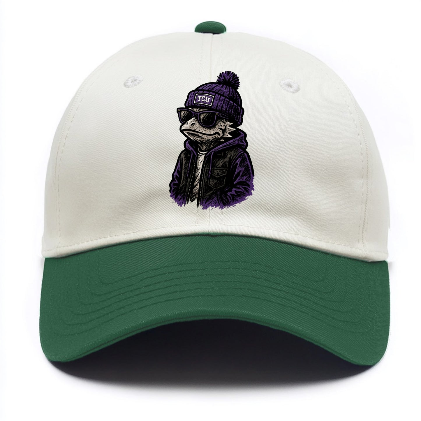Fort Worth Frog wearing TCU beanie with horned patch - Two Tone Cap - Green