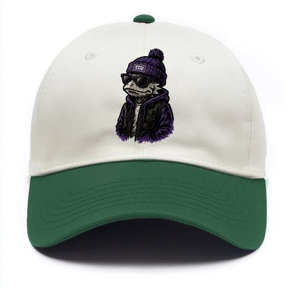 Fort Worth Frog wearing TCU beanie with horned patch - Two Tone Cap - Green