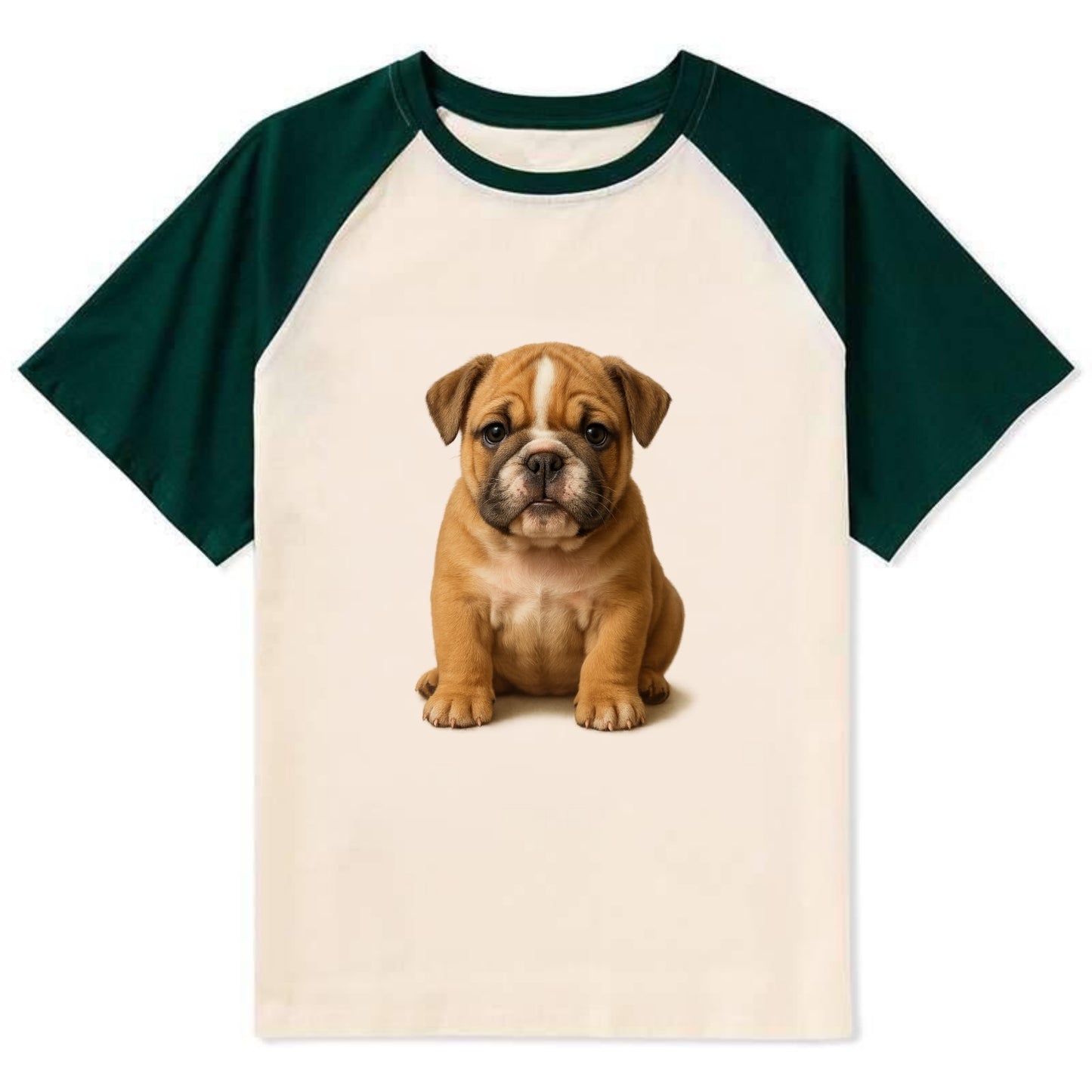 Baby Bulldog Puppy - wrinkly face, underbite, stocky body, gentle eyes, - Contrast Raglan T-shirt - Green