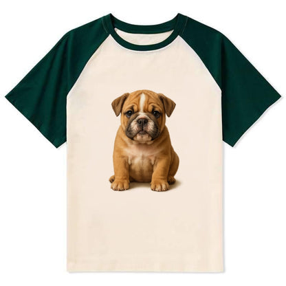 Baby Bulldog Puppy - wrinkly face, underbite, stocky body, gentle eyes, - Contrast Raglan T-shirt - Green