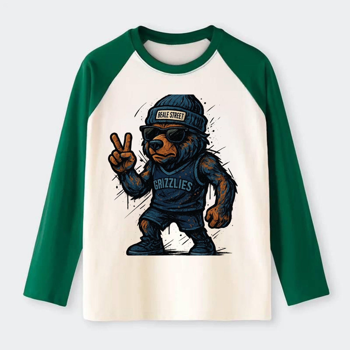 Memphis Grizzly Bear wearing Grizzlies navy and light blue beanie with - Raglan Long Sleeve T-Shirt - Green