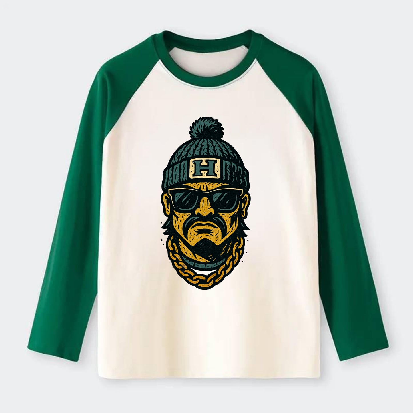 Honolulu Warrior wearing Hawaii beanie with H patch - Raglan Long Sleeve T-Shirt - Green