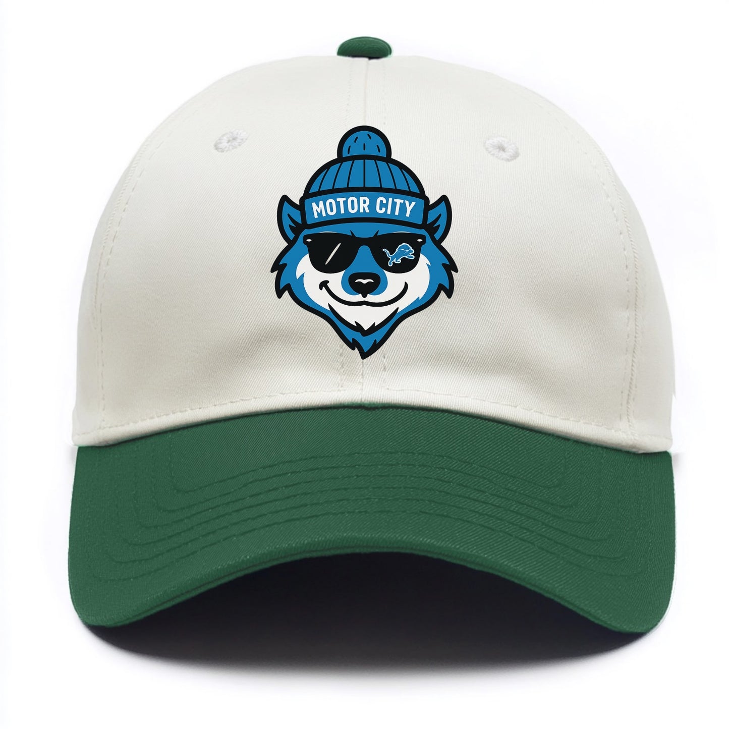 Motor City Wolverine wearing Lions beanie with gear patch and wayfarer sunglasses - Two Tone Cap - Green