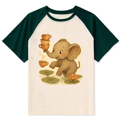 Elephant balancing teacups during a floating tea ceremony beside lotus - Contrast Raglan T-shirt - Green