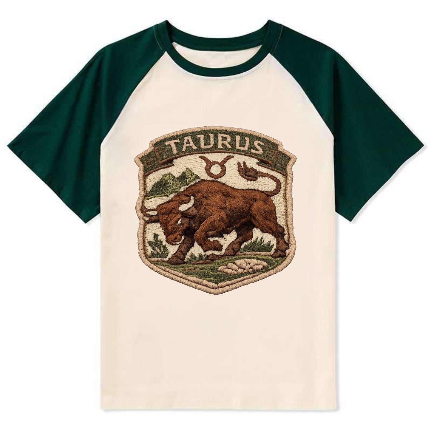 TAURUS BULL - strong bull in brown and green , earth sign - Contrast Raglan T-shirt - Green