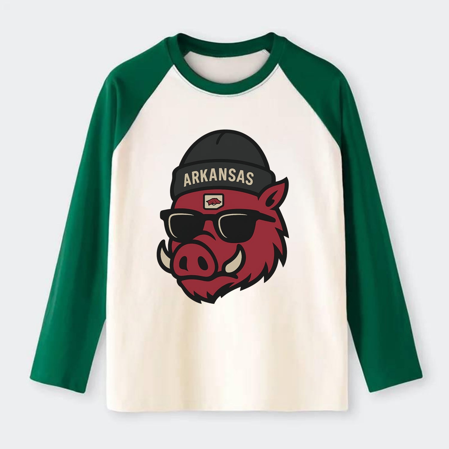 Fayetteville Razorback wearing Arkansas beanie with hog patch - Raglan Long Sleeve T-Shirt - Green