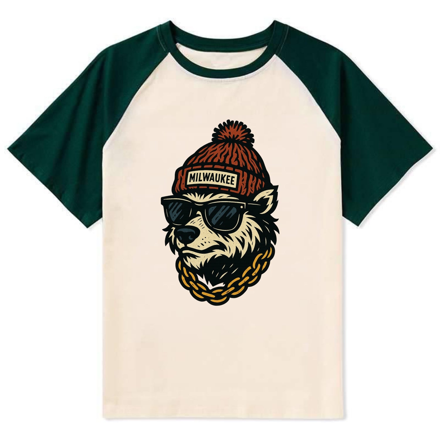 Milwaukee Badger wearing Milwaukee beanie with pom pom and wayfarer - Contrast Raglan T-shirt - Green