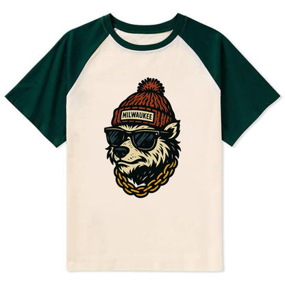 Milwaukee Badger wearing Milwaukee beanie with pom pom and wayfarer - Contrast Raglan T-shirt - Green