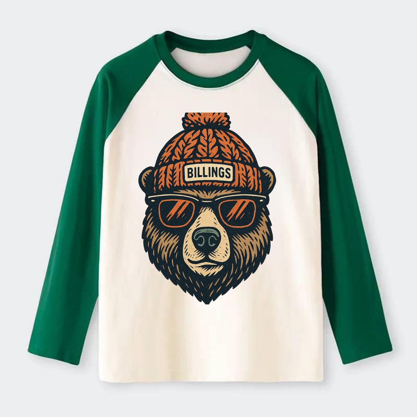 Montana Grizzly Bear wearing Billings beanie with pom pom and wayfarer - Raglan Long Sleeve T-Shirt - Green