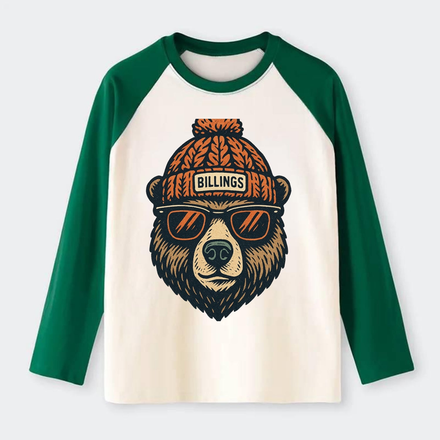 Montana Grizzly Bear wearing Billings beanie with pom pom and wayfarer - Raglan Long Sleeve T-Shirt - Green