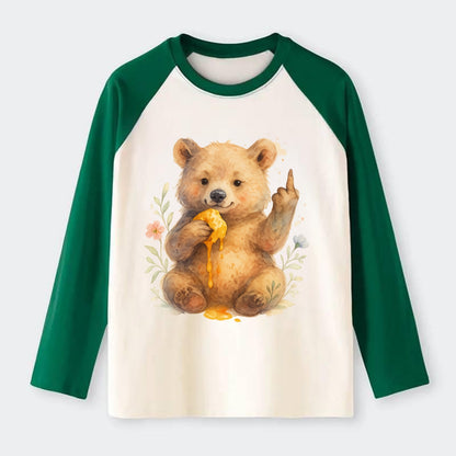 chubby bear cub eating dripping honey, sticky paw up with middle finger - Raglan Long Sleeve T-Shirt - Green