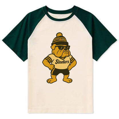 Pittsburgh Bulldog wearing Steelers black and gold beanie with pom pom - Contrast Raglan T-shirt - Green