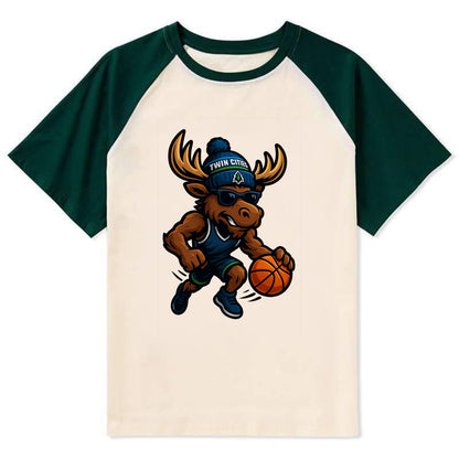 Twin Cities Moose wearing Timberwolves beanie with pine tree patch and - Contrast Raglan T-shirt - Green