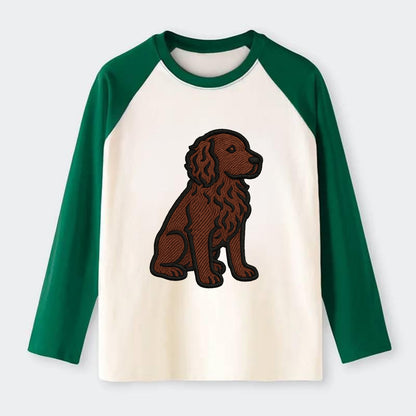Boykin Spaniel - Rich chocolate brown wavy coat embroidered sitting - Raglan Long Sleeve T-Shirt - Green