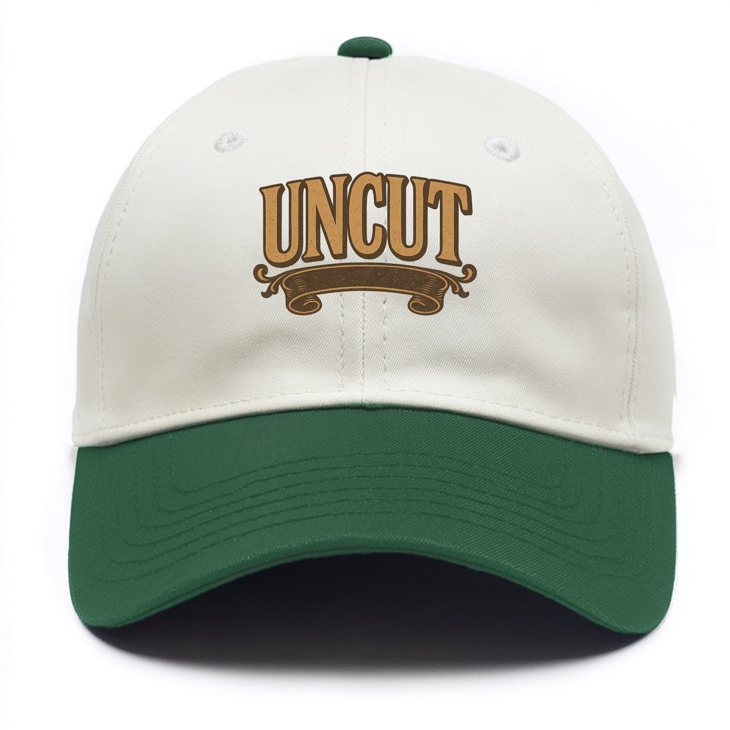 Bold typography design - "UNCUT" - pure, undiluted, authentic - Two Tone Cap - Green