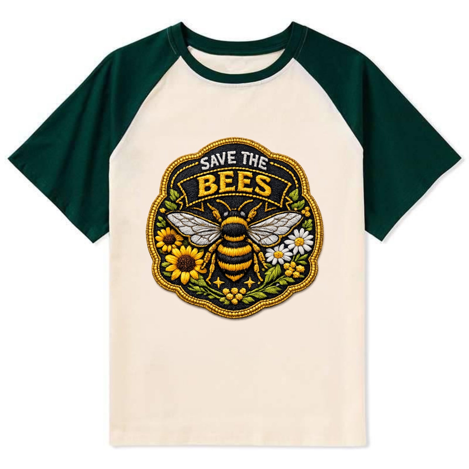 SAVE THE BEES - bee with flowers in yellow , pollinator protection - Contrast Raglan T-shirt - Green