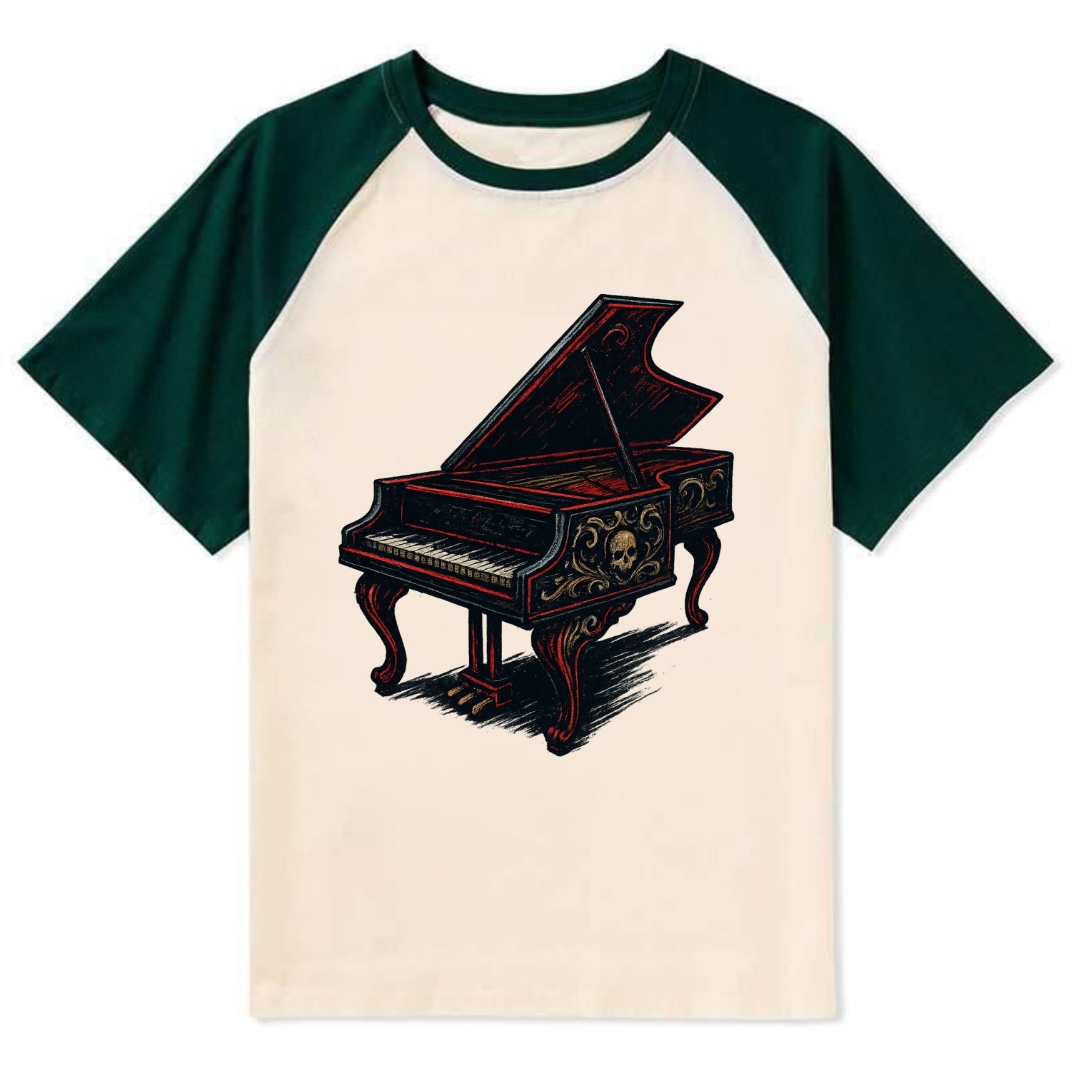 Harpsichord with baroque decorative styling - Contrast Raglan T-shirt - Green
