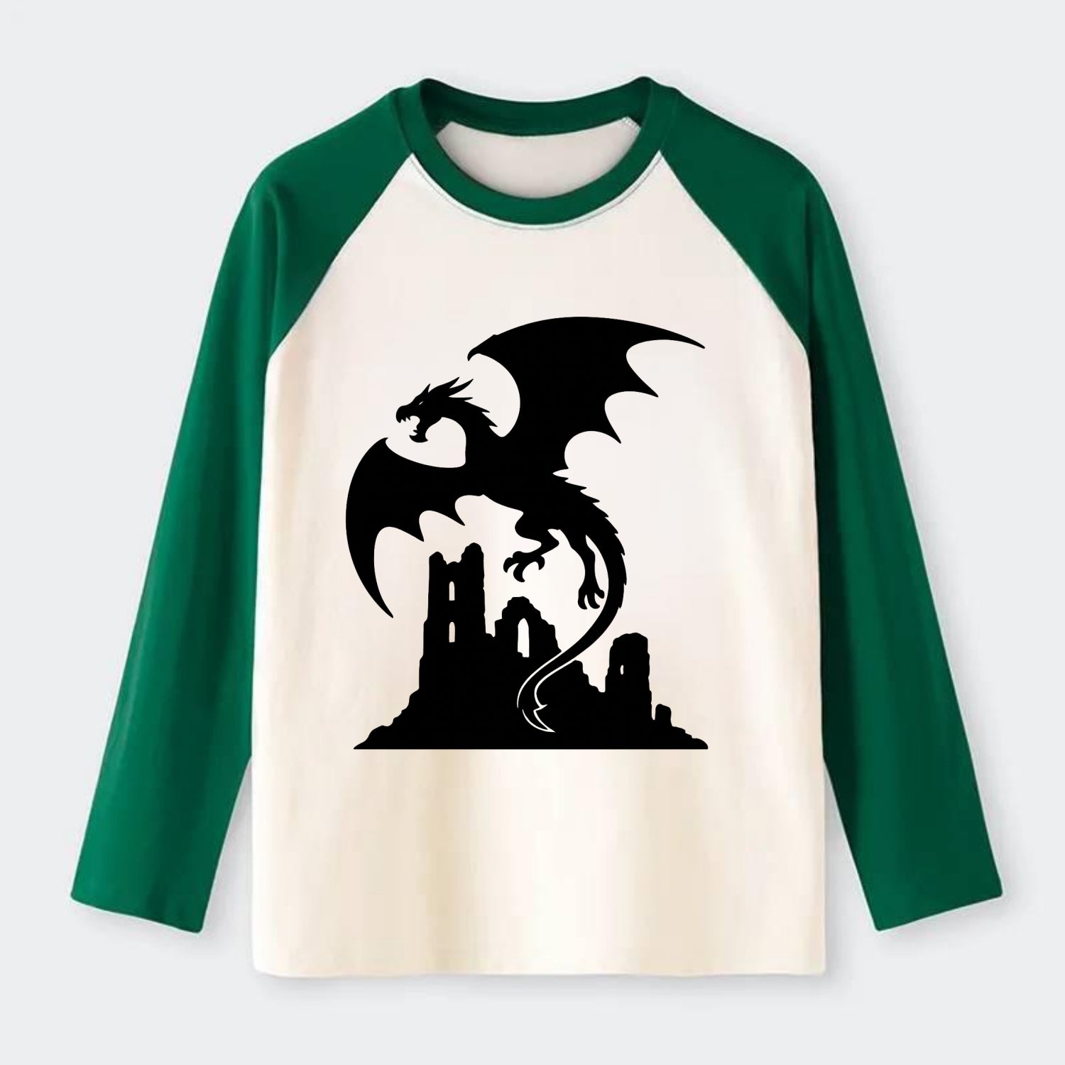 Dragon flying over castle ruins - Raglan Long Sleeve T-Shirt - Green