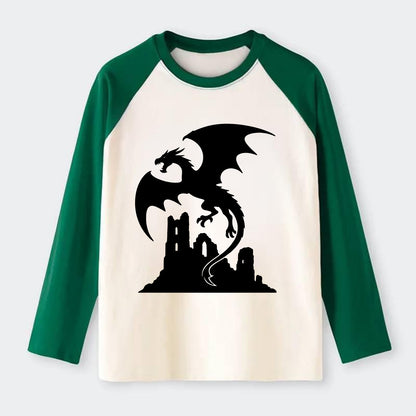 Dragon flying over castle ruins - Raglan Long Sleeve T-Shirt - Green