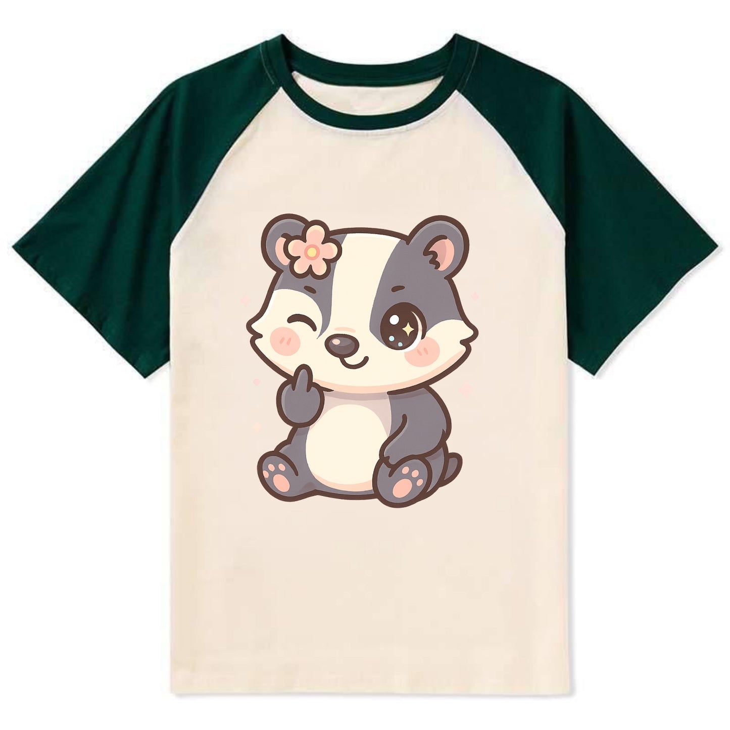 adorable badger with black and white stripes, one paw giving finger - Contrast Raglan T-shirt - Green