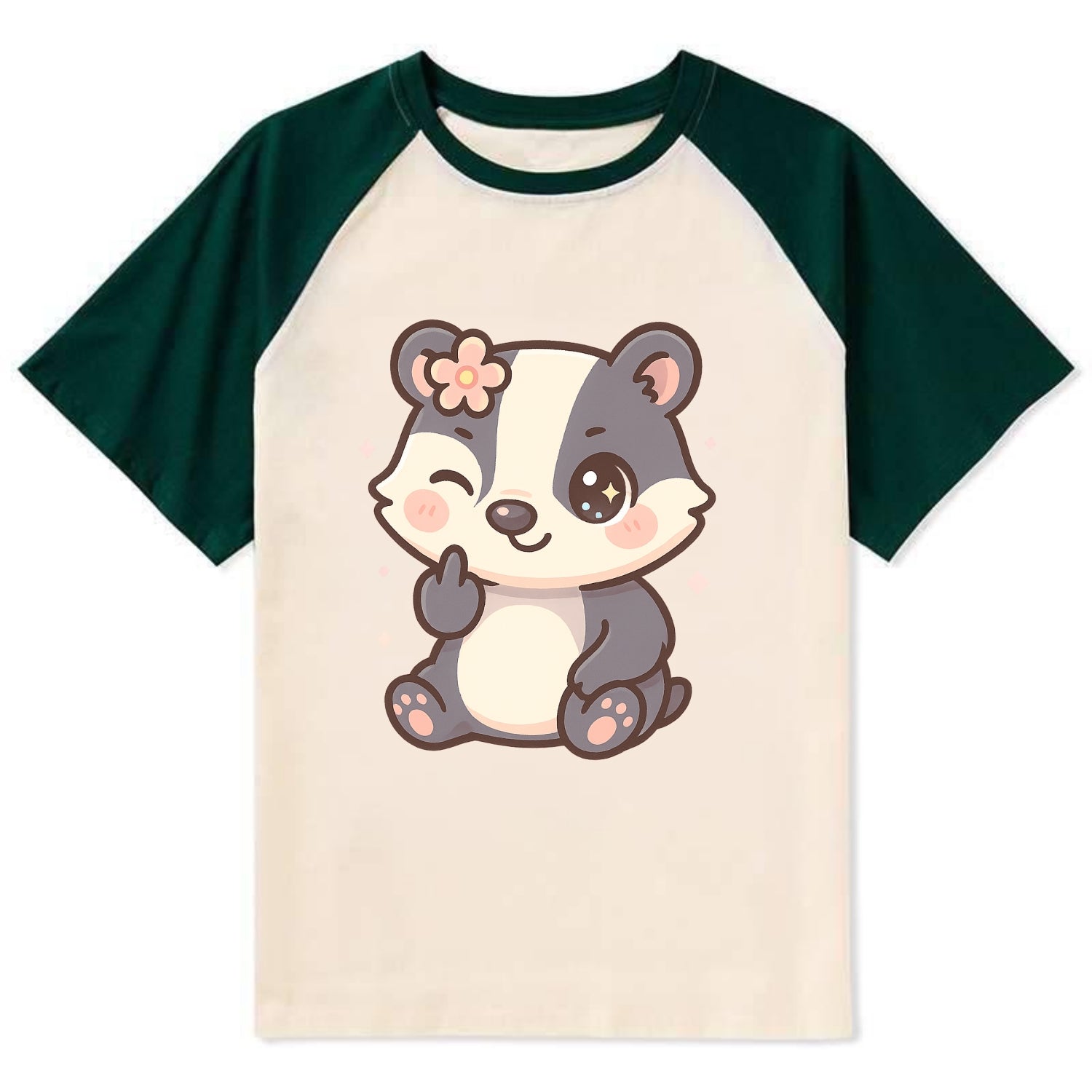 adorable badger with black and white stripes, one paw giving finger - Contrast Raglan T-shirt - Green