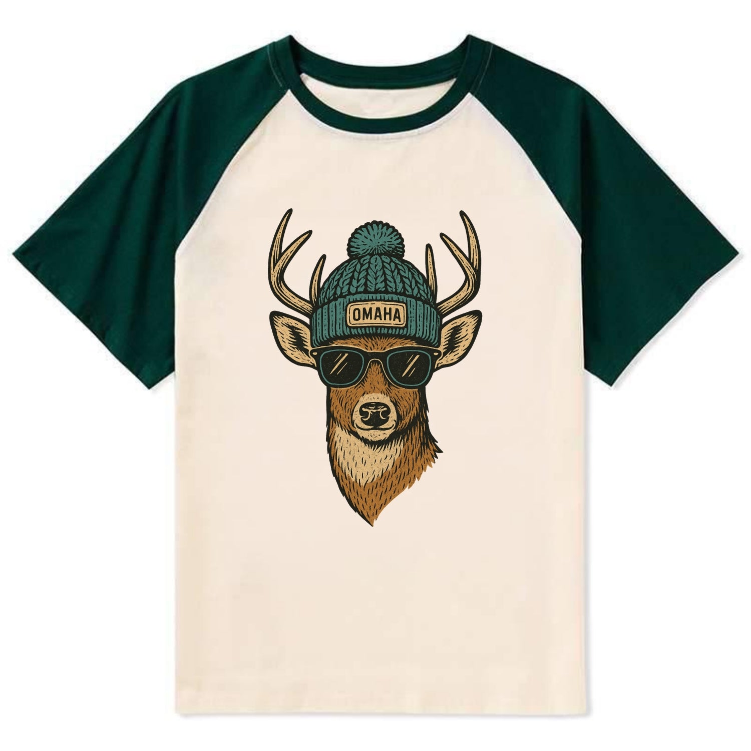 Nebraska White-tailed Deer wearing Omaha beanie with pom pom and wayfarer - Contrast Raglan T-shirt - Green